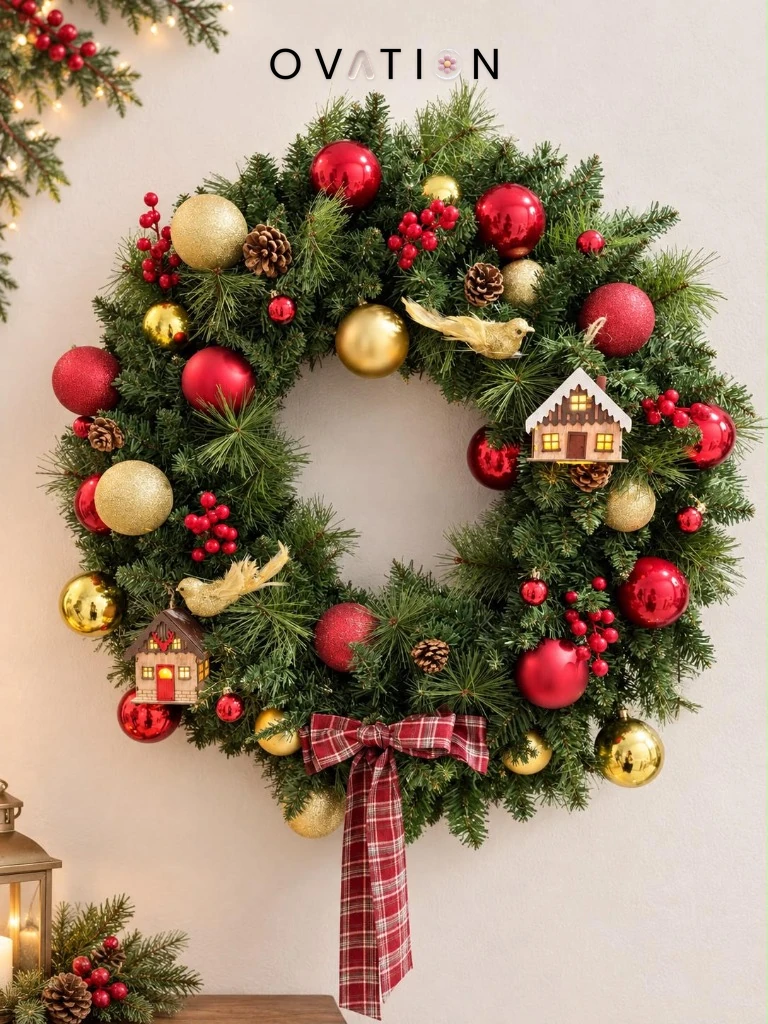 Ovation Singapore Handcrafted Christmas Wreath with Red Baubles, Gold Ornaments, Fairy Lights, and Artificial Pine - Customized Orders Accepted till 31 Oct