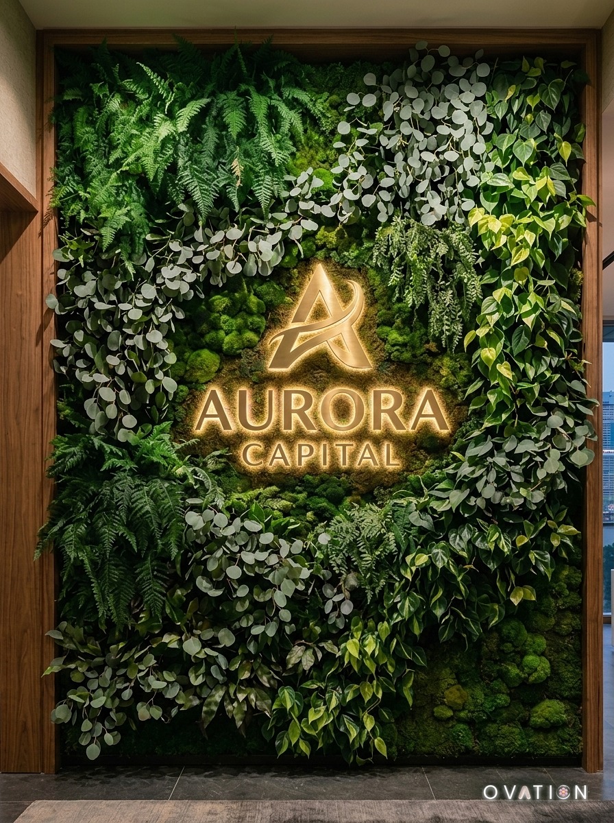 Bespoke Artificial Green Wall with Integrated 3D Brass Brand Signage and Backlit Warm Halo Illumination by Ovation Singapore